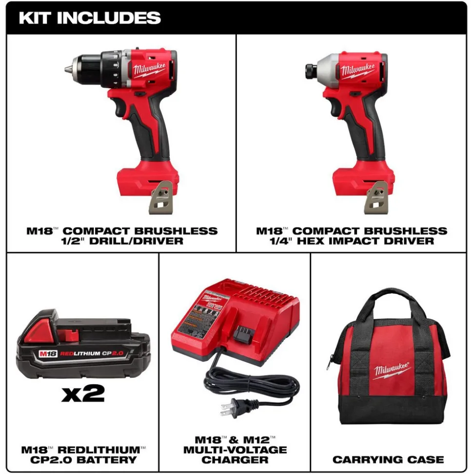 M18™ Compact Brushless 2-Tool Combo Kit, Compact Brushless 1/2" Drill/ Driver, Compact Brushless 1/4" Hex Impact Driver