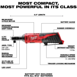 M12™ Cordless 3/8” Lithium-Ion Ratchet, 0-225 RPM, 35 ft-lb Max Torque