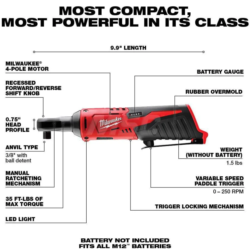 M12™ Cordless 3/8” Lithium-Ion Ratchet, 0-225 RPM, 35 ft-lb Max Torque