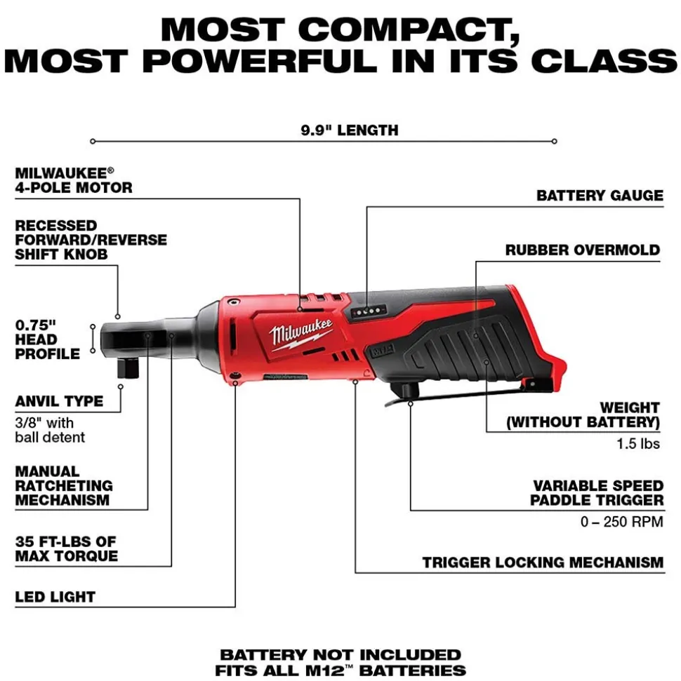 M12™ Cordless 3/8” Lithium-Ion Ratchet, 0-225 RPM, 35 ft-lb Max Torque