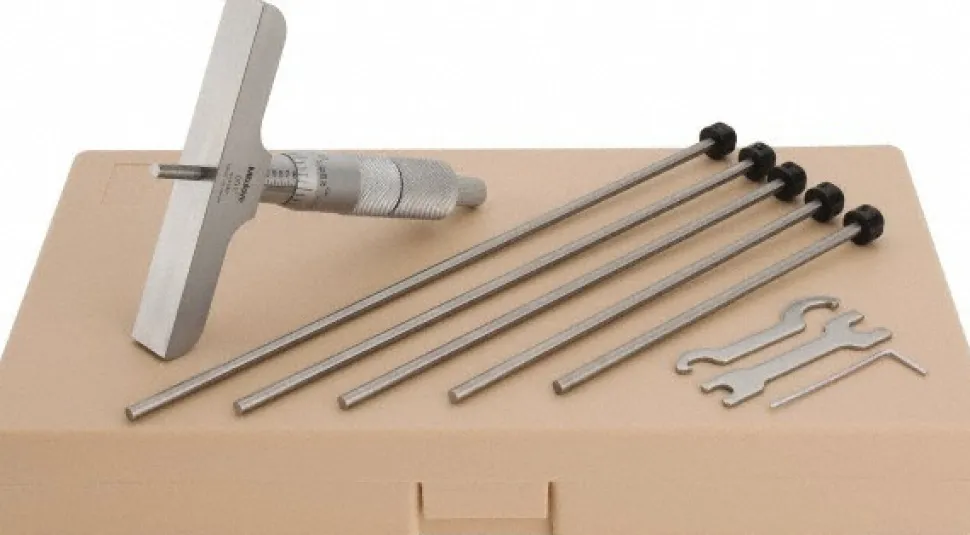 Mechanical Depth Micrometer: 6'' Range, 6 Rods, Satin Chrome Finish