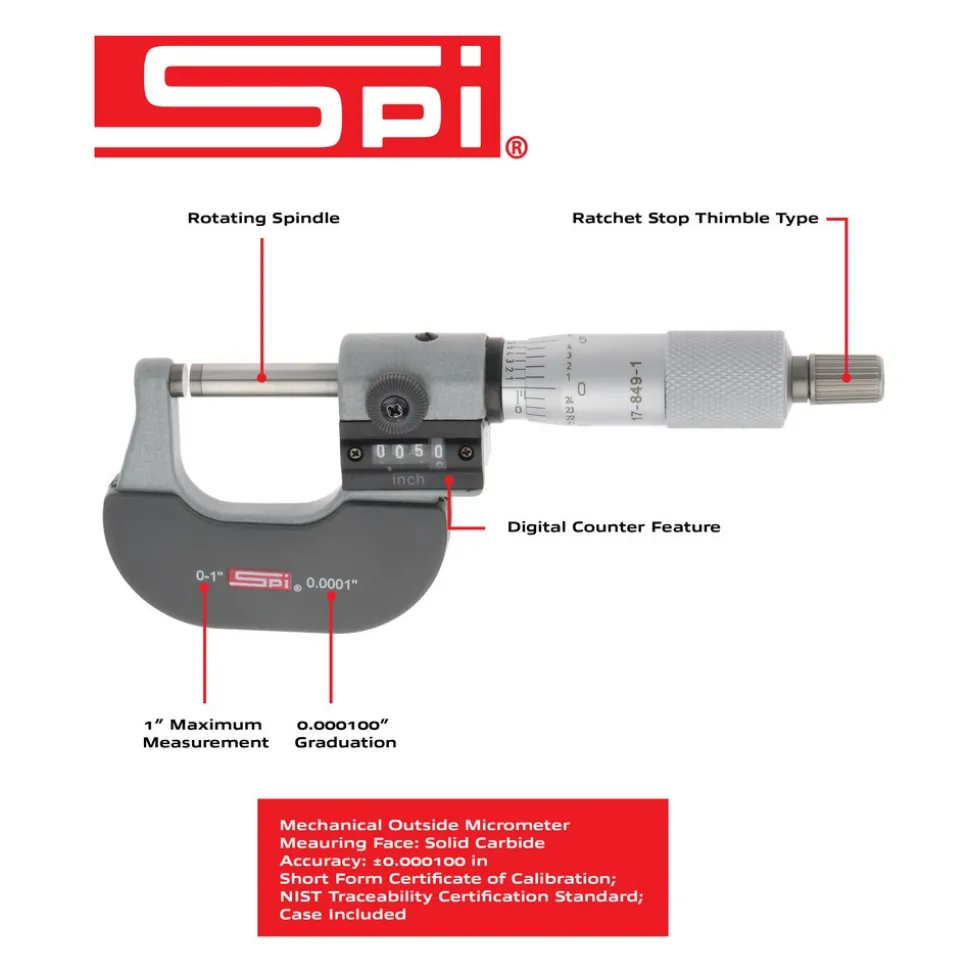 Mechanical Outside Micrometer: 1" Range, 0.0001" Graduation