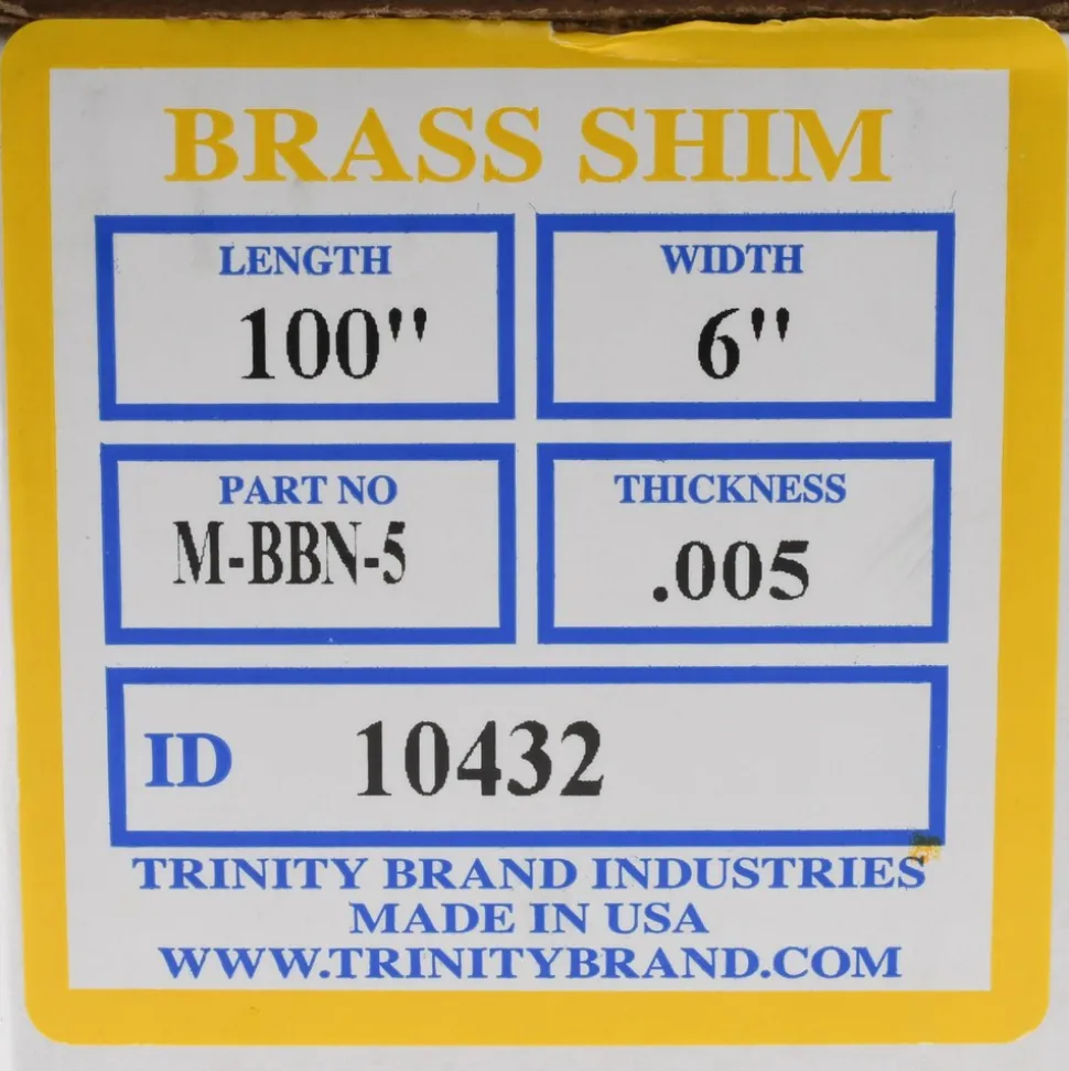 Metal Shim Stock: Roll, 0.0050" Thick, 100" Long, 6" Wide, 260 Brass