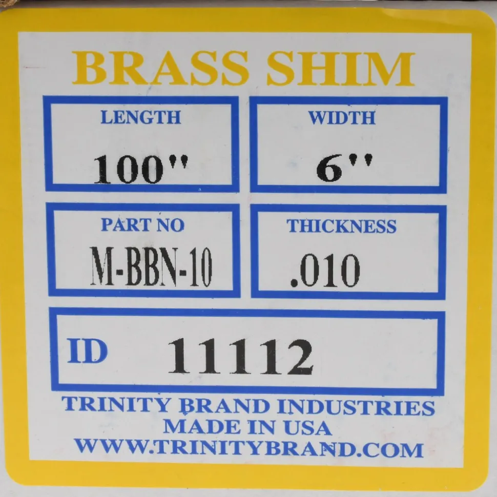 Metal Shim Stock: Roll, 0.0100" Thick, 100" Long, 6" Wide, 260 Brass