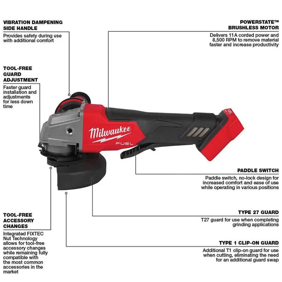 M18 FUEL™ 4-1/2"/5" Braking Grinder Paddle Switch, No-Lock (Bare Tool)