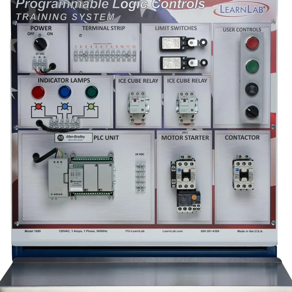 Motion Control & Power Transmission Training Systems: Type: PLC; Includes: Ice Cube Control Relays, Wye Wound 3-Phase Induction Motor, Three Phase Motor, Student Workbook with Labs (PDF), Classroom Hand-Outs, Rheostat Control (0-10V & 5-20MA), Industrial Stop-Start Controls, Industrial Panel Indication, Selector Switches, Instructor's Workbook (PDF)