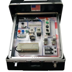 Motion Control & Power Transmission Training Systems; Type: PLC; Includes: Durable Flight Case; 2x Industrial Pushbutton Switches with 2x Sets of NO & NC Contacts; 1x Alarm Buzzer; 1x IEC Contactor; Instructor's Guidebook; 3x Lights (Red, Blue & Green); PowerPoint Presentation
