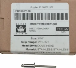 Open End Blind Rivet: Size 66, Dome Head, Stainless Steel Body, Stainless Steel Mandrel