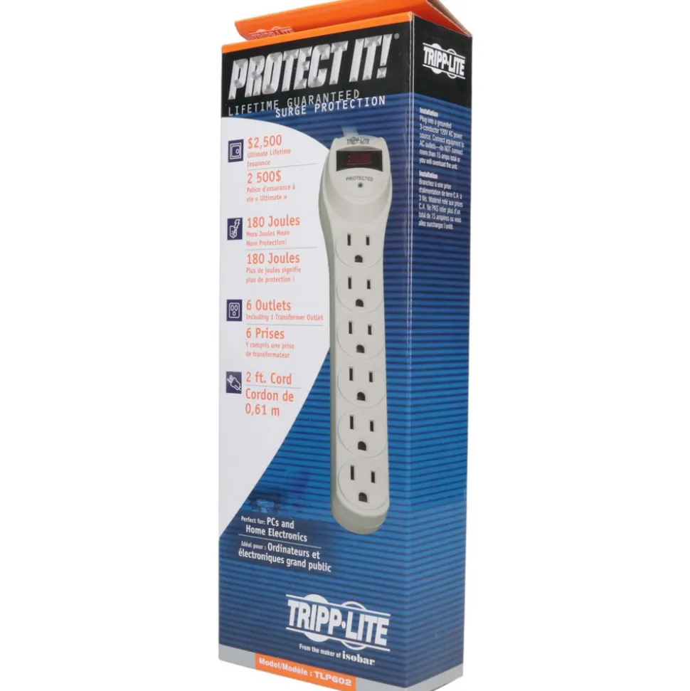 6 Outlets, 120 Volts, 15 Amps, 2' Cord, Power Outlet Strip