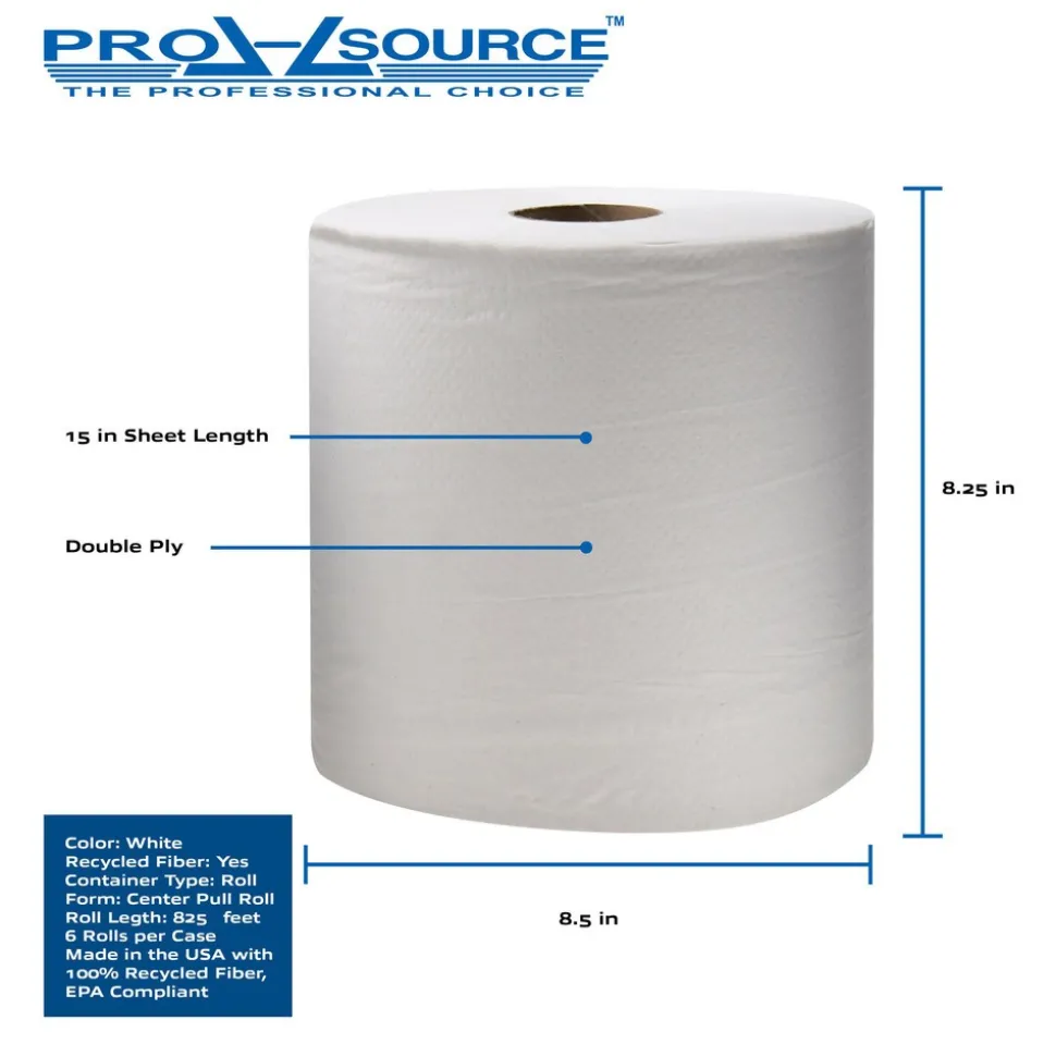 Paper Towels: Center Pull Roll, 6 Rolls per Case, Roll, 2 Ply, White, Recycled Fiber