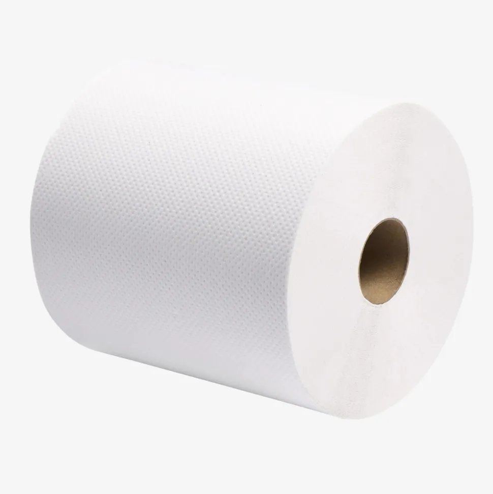 Paper Towels: Hard Roll, 6 Rolls per Case, Roll, 1 Ply, White, Recycled Fiber