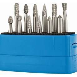 12 Pc Double Cut Burr Set with Cylinder, Cylinder w/Rad End, Ball, Cone, Flame, Inverted Cone, Oval, Pointed Cone, Pointed Tree, Tree w/Rad End