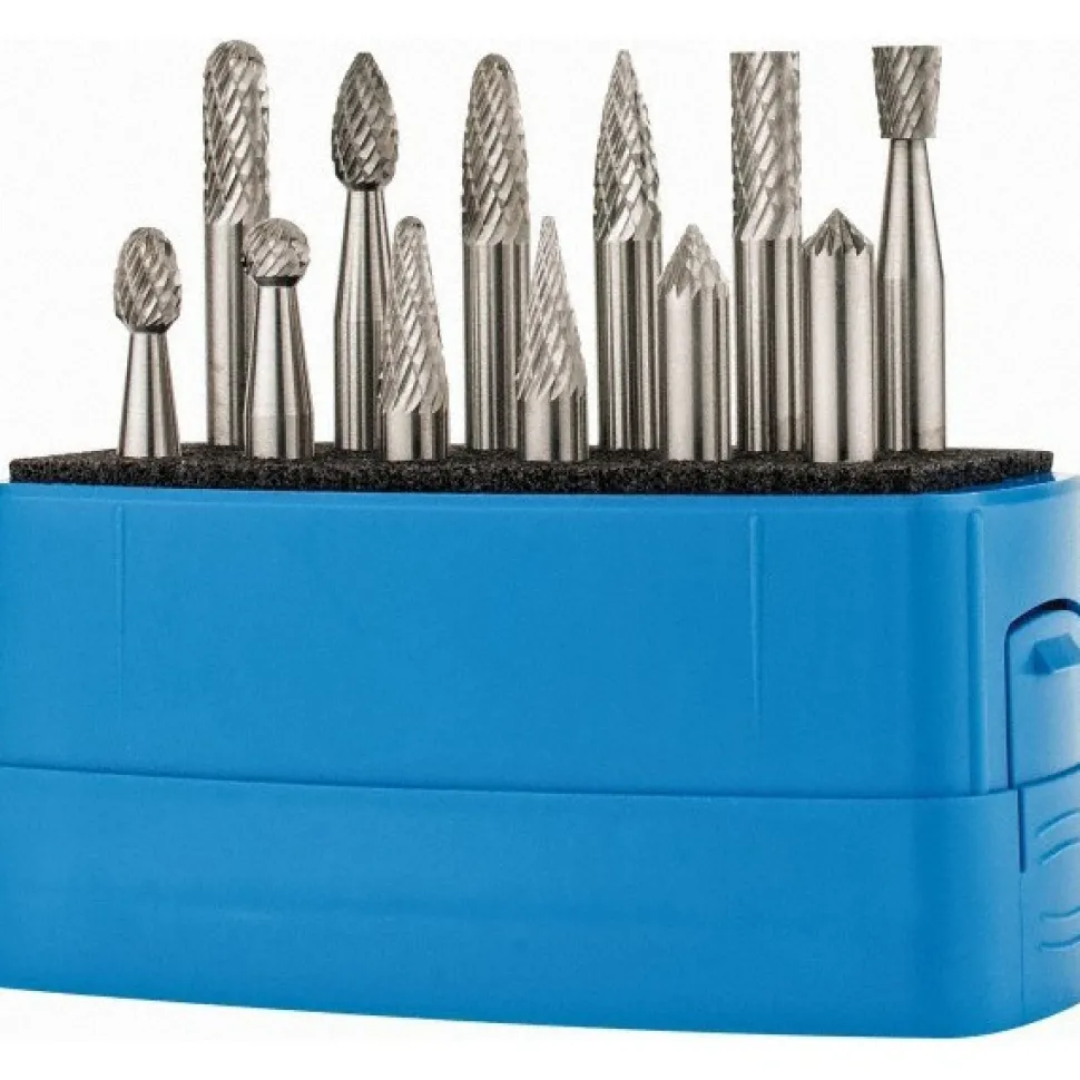 12 Pc Double Cut Burr Set with Cylinder, Cylinder w/Rad End, Ball, Cone, Flame, Inverted Cone, Oval, Pointed Cone, Pointed Tree, Tree w/Rad End