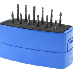 12 Pc Double Cut Burr Set with Cylinder, Cylinder w/Rad End, Ball, Cone, Cone w/Rad End, Flame, Inverted Cone, Oval, Pointed Tree, Tree w/Rad End