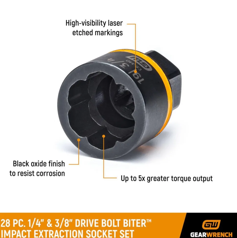 28 Pc. 1/4" & 3/8" Drive Bolt Biter™ Impact Extraction Socket Set