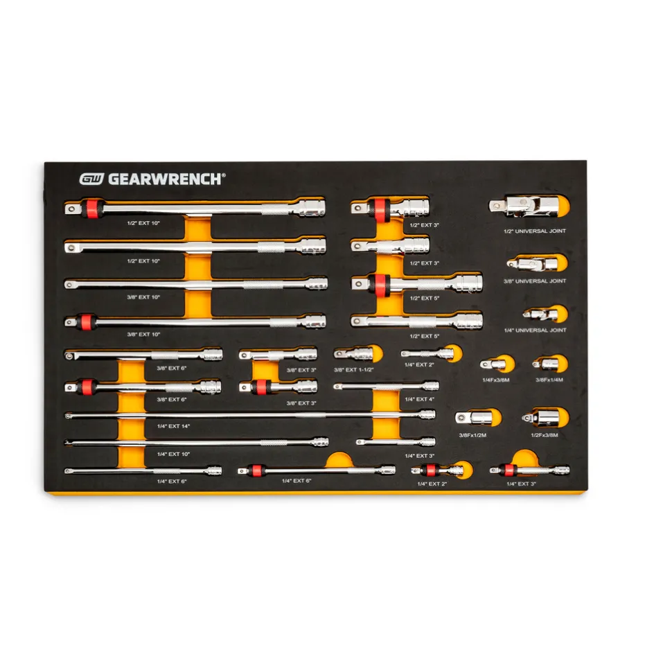 29 Pc, 1/4", 3/8" & 1/2" Drive, Master Chrome Drive, Tool Accessories Set with Foam Storage Tray