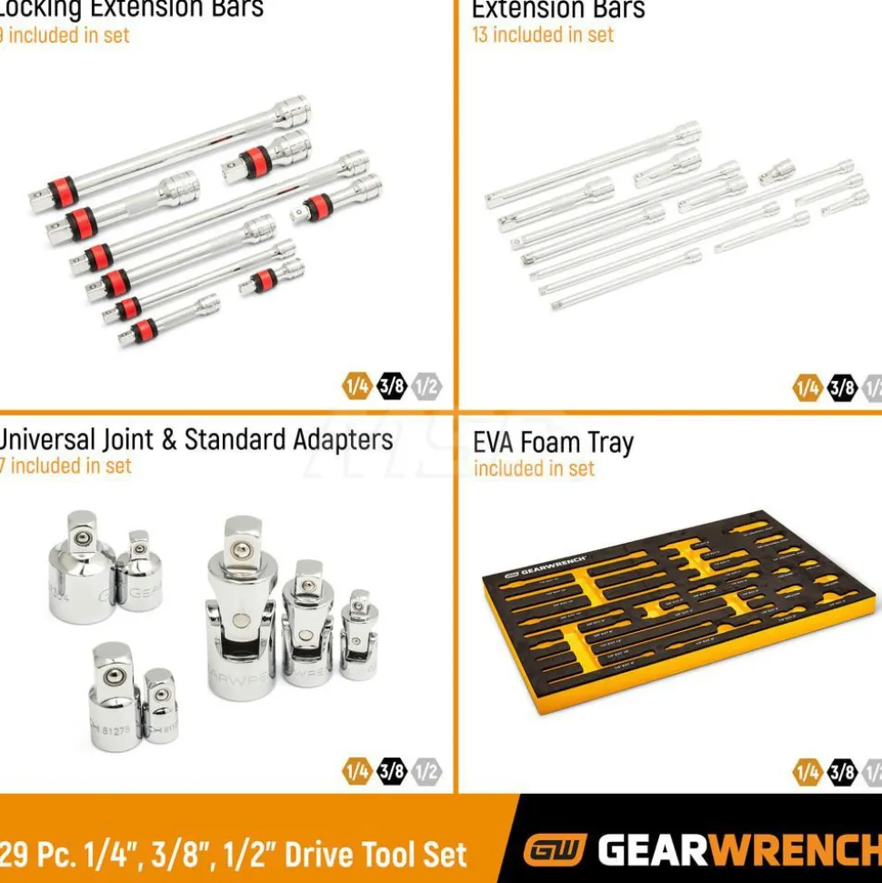 29 Pc, 1/4", 3/8" & 1/2" Drive, Master Chrome Drive, Tool Accessories Set with Foam Storage Tray