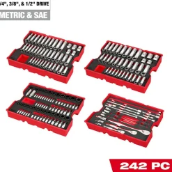 242 Pc. 1/4”, 3/8”, & 1/2” Drive Metric & SAE Ratchet & Socket Set with Trays for PACKOUT™ Drawers