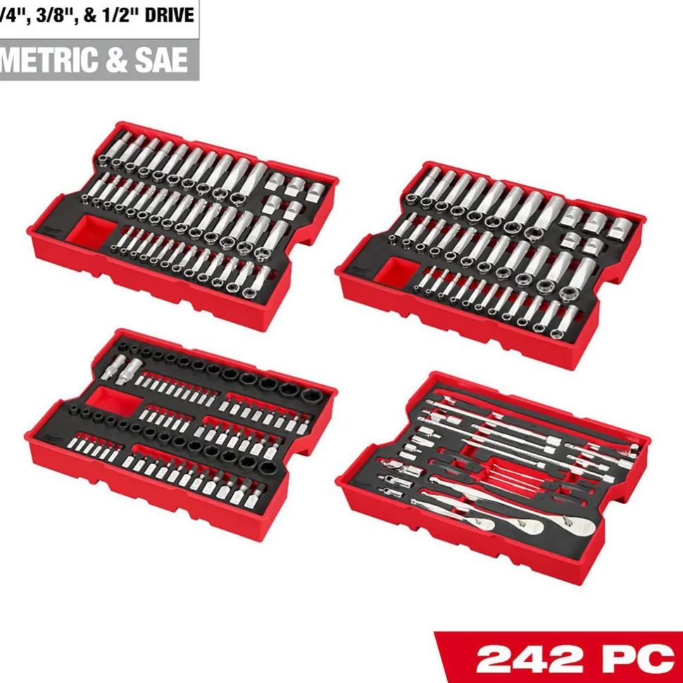 242 Pc. 1/4”, 3/8”, & 1/2” Drive Metric & SAE Ratchet & Socket Set with Trays for PACKOUT™ Drawers