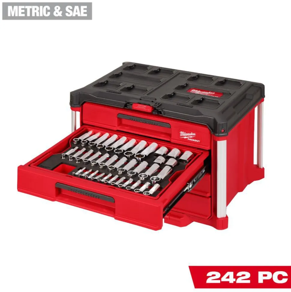 242 Pc. 1/4”, 3/8”, & 1/2” Drive Metric & SAE Ratchet & Socket Set with PACKOUT™ 4-Drawer Tool Box