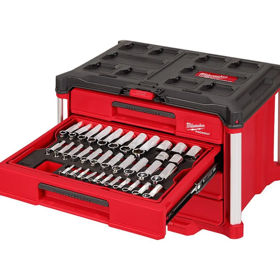 242 Pc. 1/4”, 3/8”, & 1/2” Drive Metric & SAE Ratchet & Socket Set with PACKOUT™ 4-Drawer Tool Box