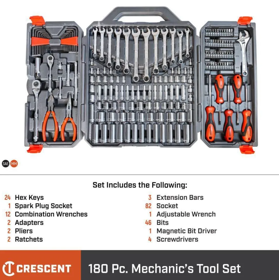 180 Pc, 1/4" & 3/8" Drive, 6-Point, SAE & Metric Professional Tool Set