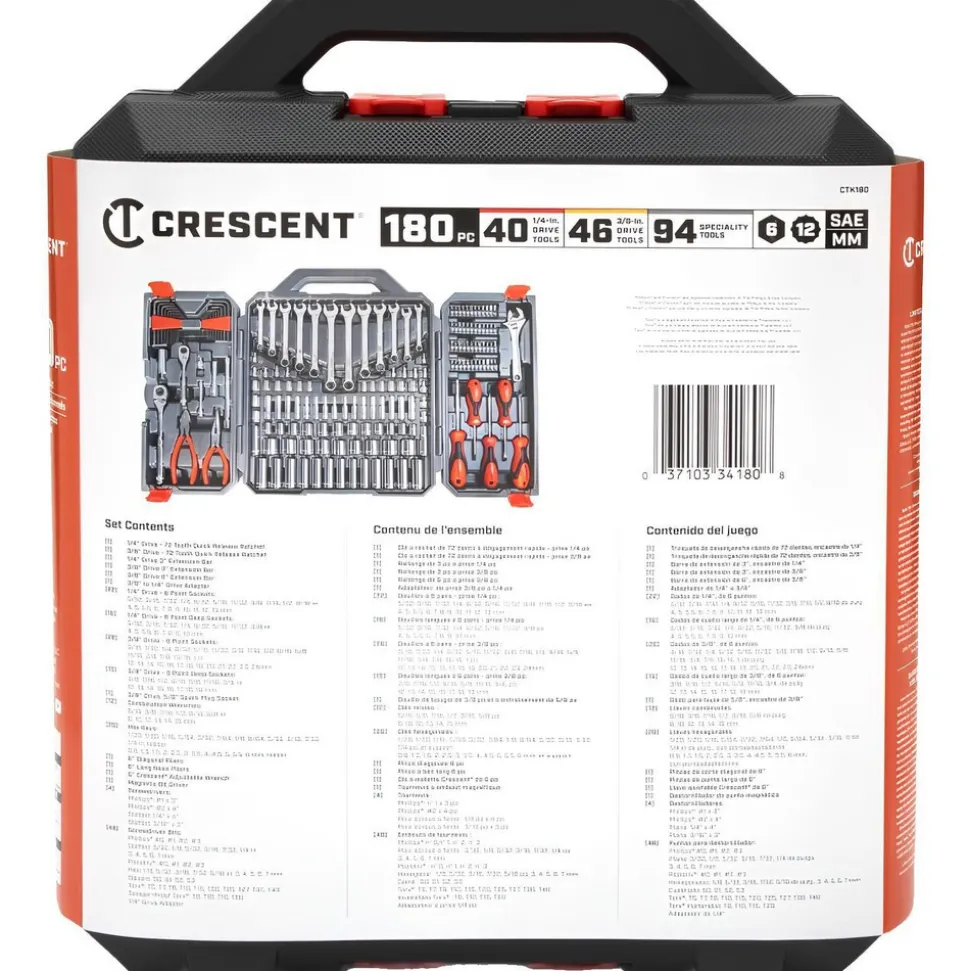 180 Pc, 1/4" & 3/8" Drive, 6-Point, SAE & Metric Professional Tool Set