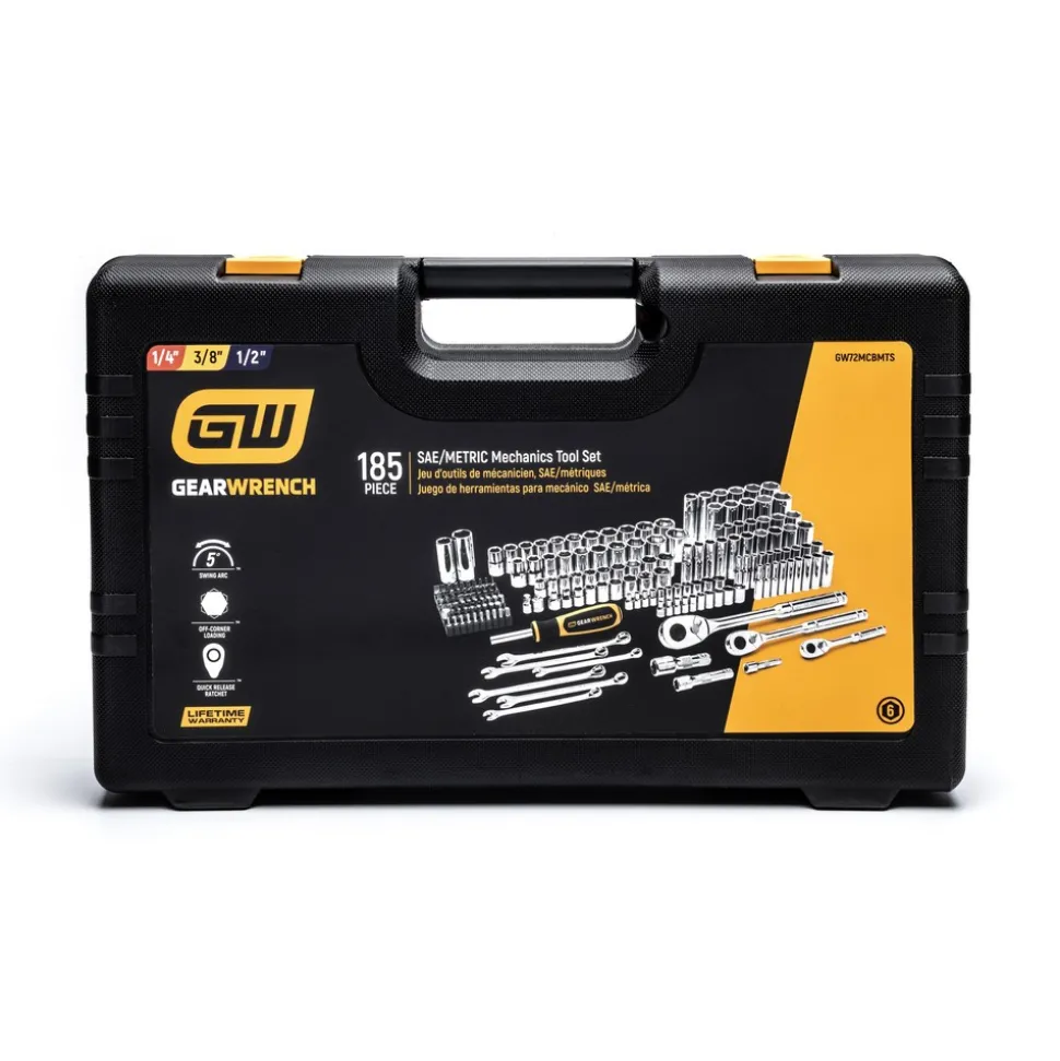 185 Pc, 1/4”, 3/8” & 1/2" Drive, 72-Tooth, SAE & Metric Mechanics Hand Tool Set