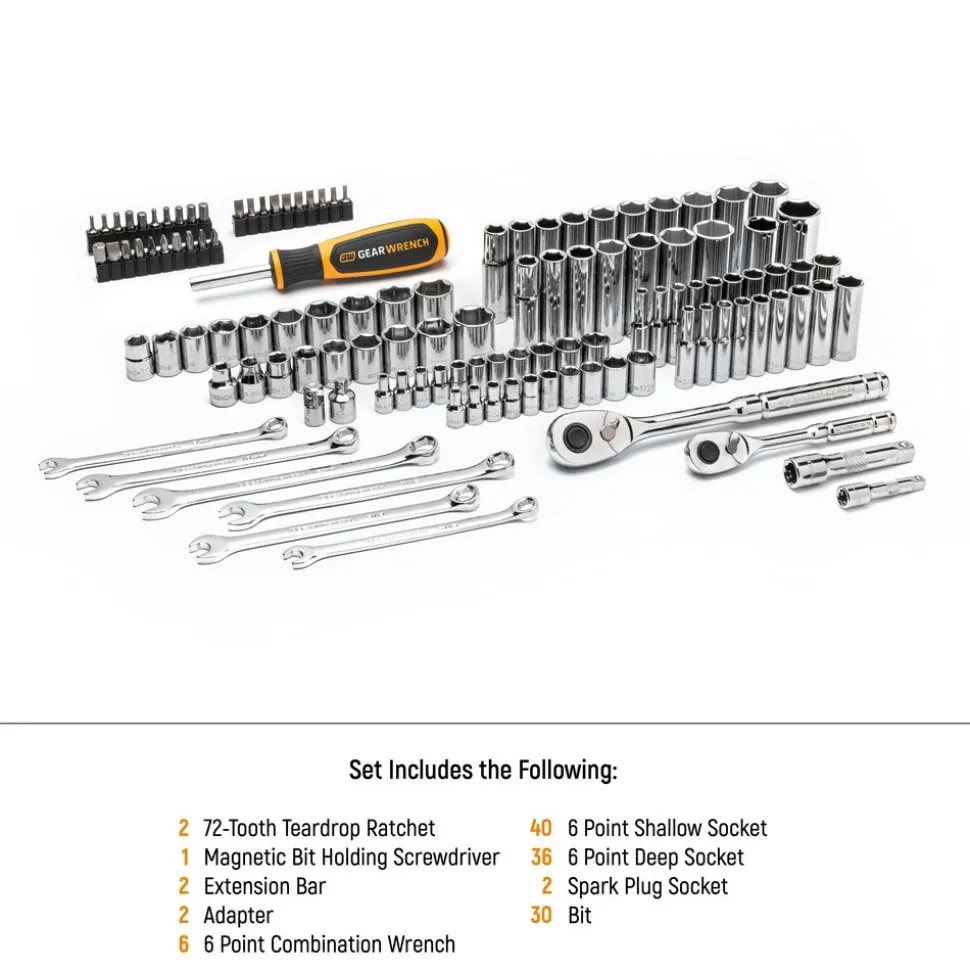 185 Pc, 1/4”, 3/8” & 1/2" Drive, 72-Tooth, SAE & Metric Mechanics Hand Tool Set