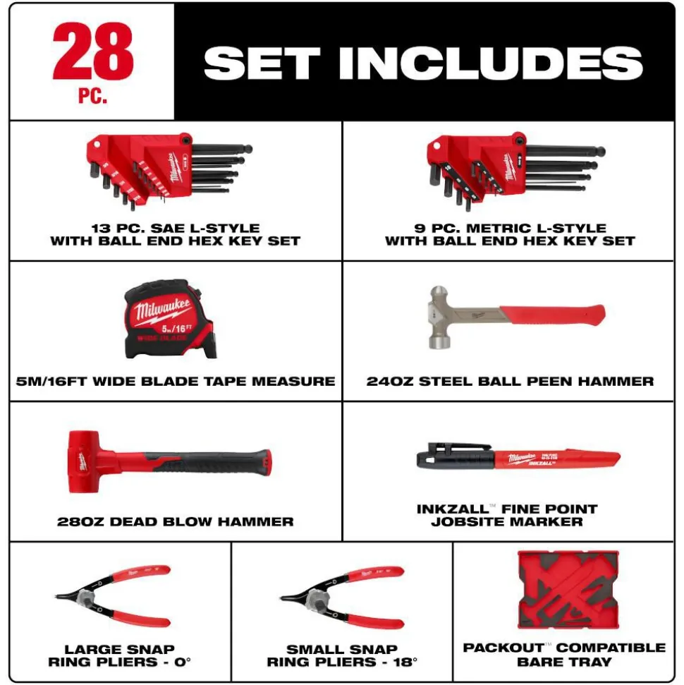 28 Pc. Hex Key & Hammer Set with Tray for PACKOUT™ Drawers