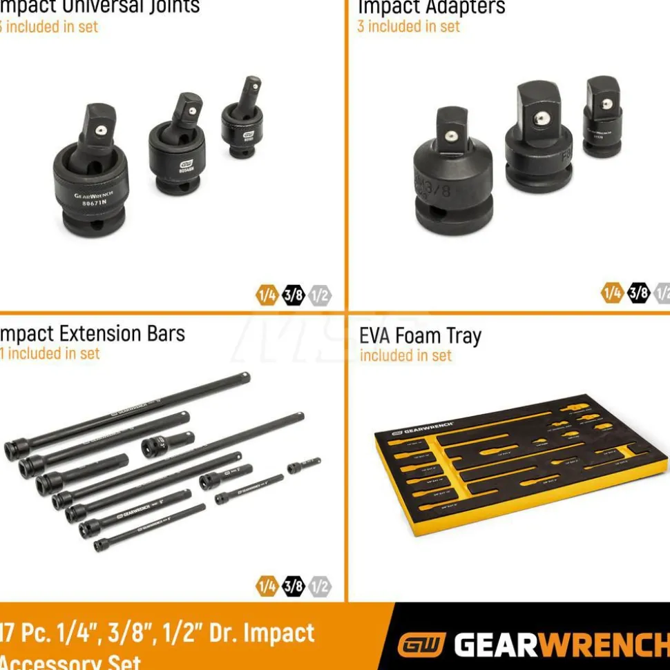 17 Pc, 1/4", 3/8" & 1/2" Impact Drive Tool Accessories Set with Foam Storage Tray