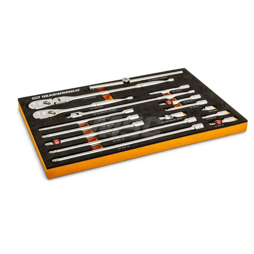 16 Pc, 1/2" 90-Tooth, Ratchet & Drive Tool Set with Foam Storage Tray