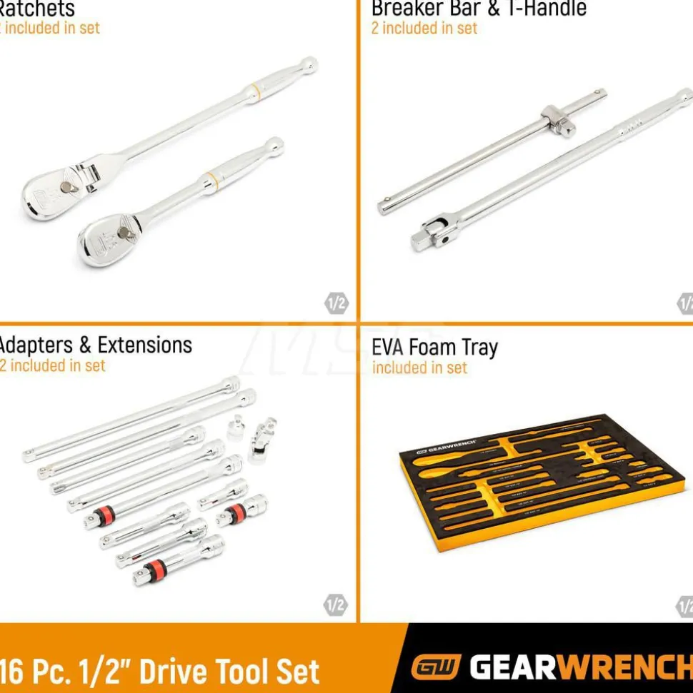 16 Pc, 1/2" 90-Tooth, Ratchet & Drive Tool Set with Foam Storage Tray