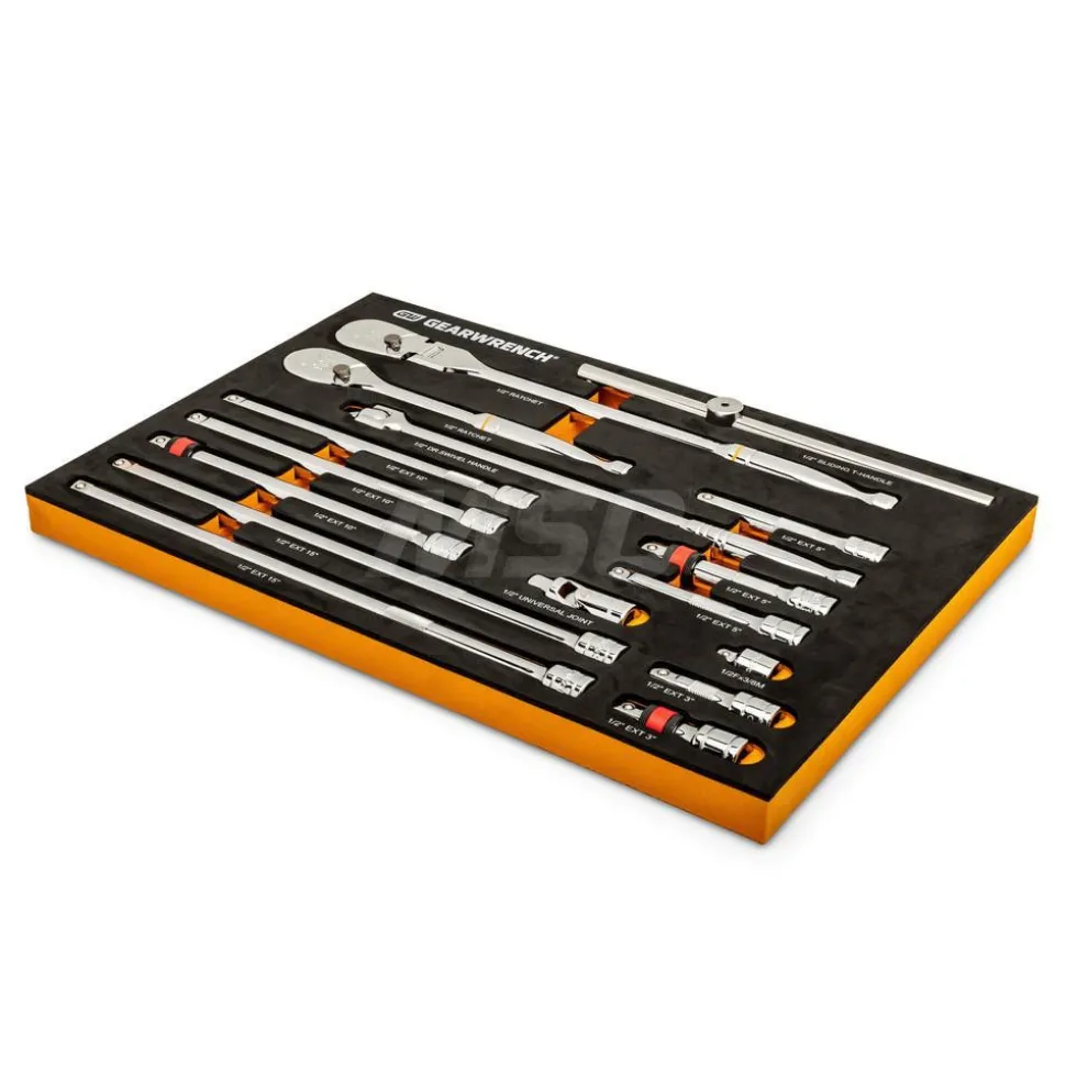 16 Pc, 1/2" 90-Tooth, Ratchet & Drive Tool Set with Foam Storage Tray