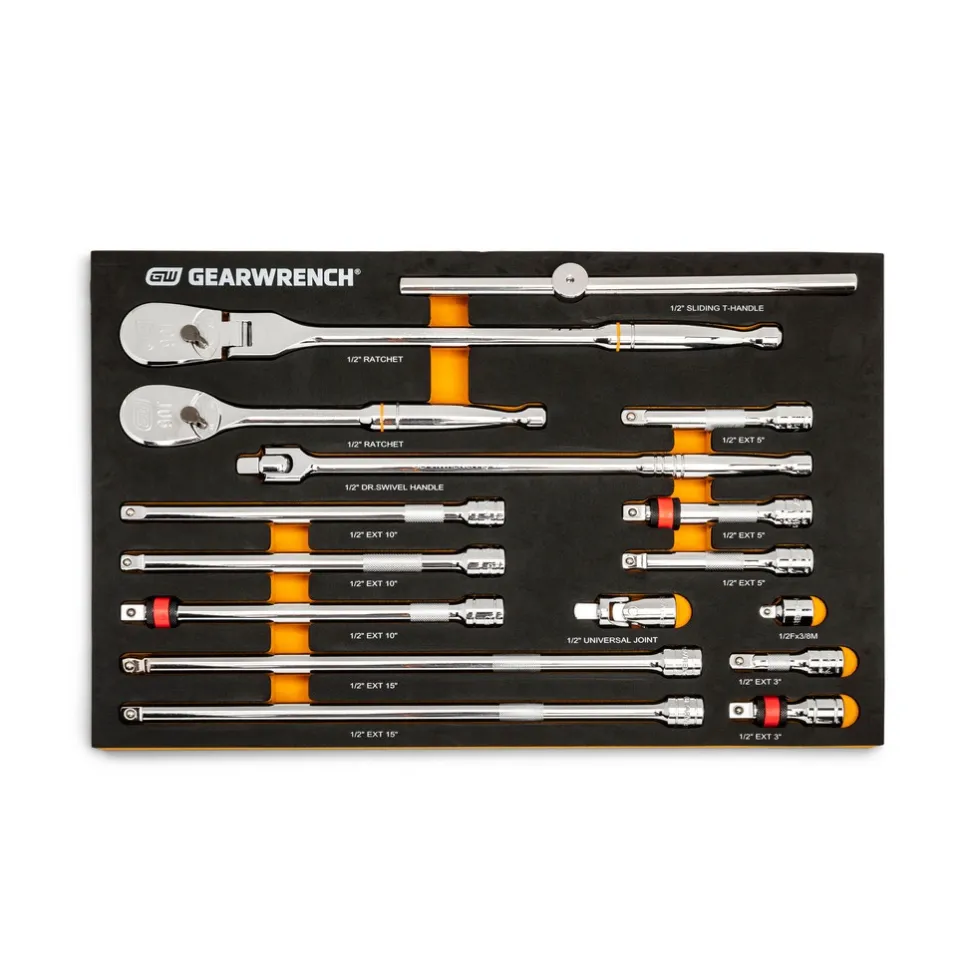 16 Pc, 1/2" 90-Tooth, Ratchet & Drive Tool Set with Foam Storage Tray