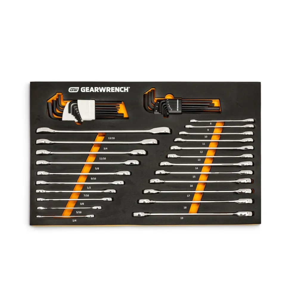44 Pc 90T SAE & Metric Combination Ratcheting Wrench & Long Arm Hex Key Set - 86528