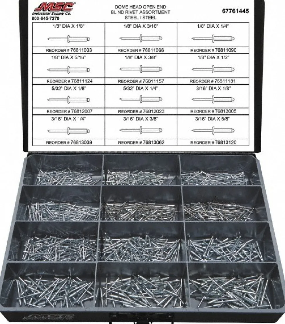1,100 Piece, 1/8 to 3/16" Hole Dia, Dome Head, Steel Blind Rivet Assortment