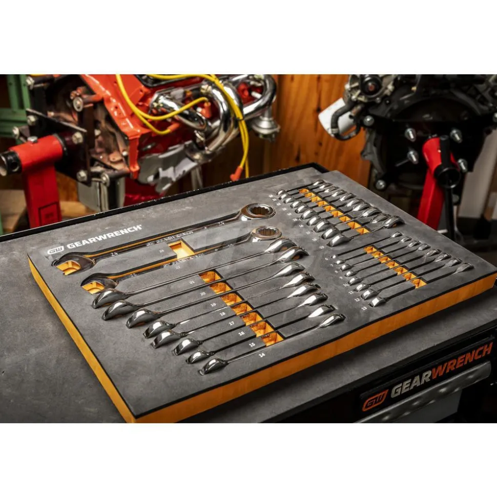 28 Piece 72-Tooth 12 Point Metric Standard & Stubby Combination Ratcheting Wrench Set with Foam Storage Tray