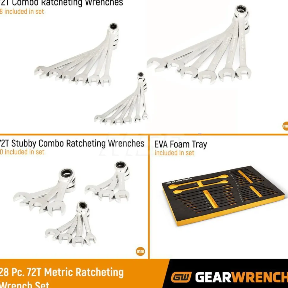 28 Piece 72-Tooth 12 Point Metric Standard & Stubby Combination Ratcheting Wrench Set with Foam Storage Tray