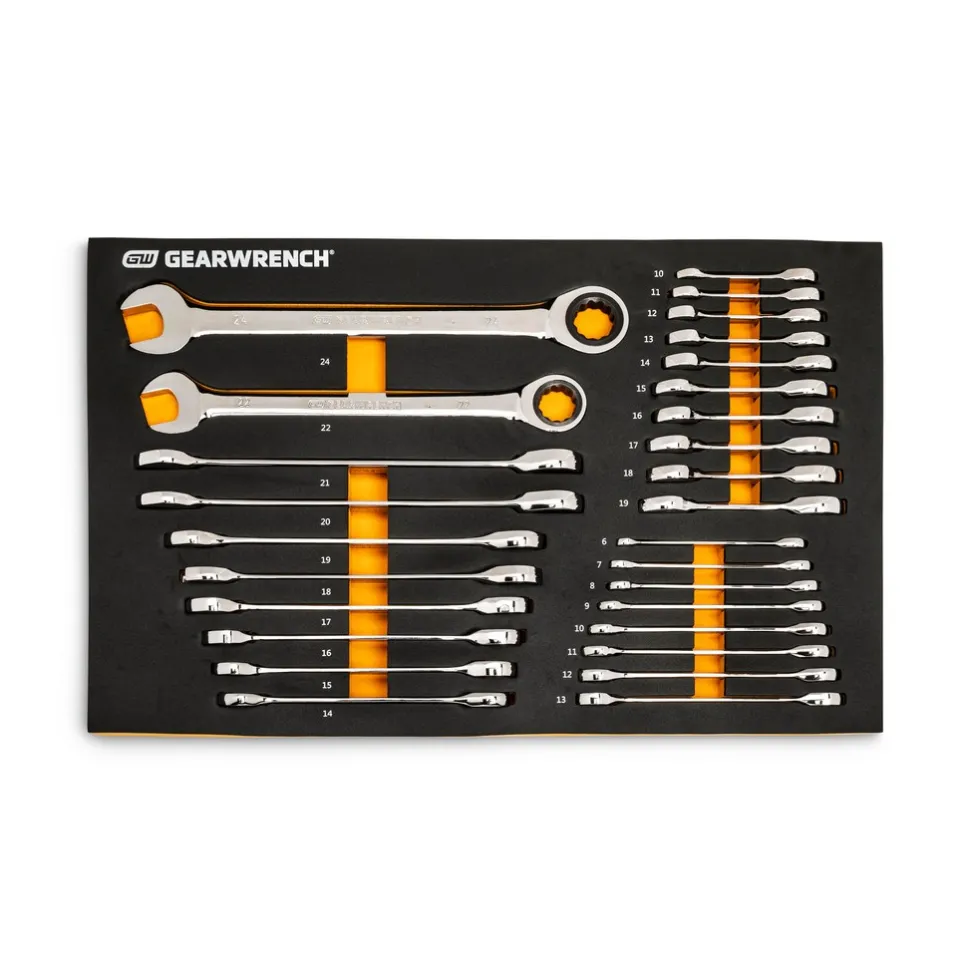 28 Piece 72-Tooth 12 Point Metric Standard & Stubby Combination Ratcheting Wrench Set with Foam Storage Tray