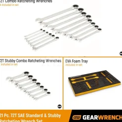 21 Piece 72-Tooth 12 Point SAE Standard & Stubby Combination Ratcheting Wrench Set with Foam Storage Tray