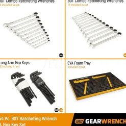 44 Piece 90T SAE/Metric Combination Ratcheting Wrench & Long Arm Hex Key Set with Foam Storage Tray