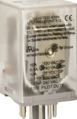 8 Pins, 1 hp at 277 Volt & 1/3 hp at 120 Volt, 3 VA Power Rating, Octal Electromechanical Plug-in General Purpose Relay