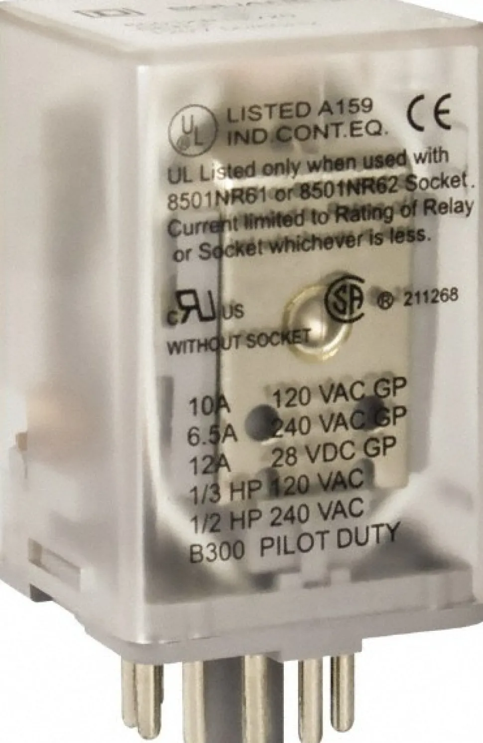 8 Pins, 1 hp at 277 Volt & 1/3 hp at 120 Volt, 3 VA Power Rating, Octal Electromechanical Plug-in General Purpose Relay