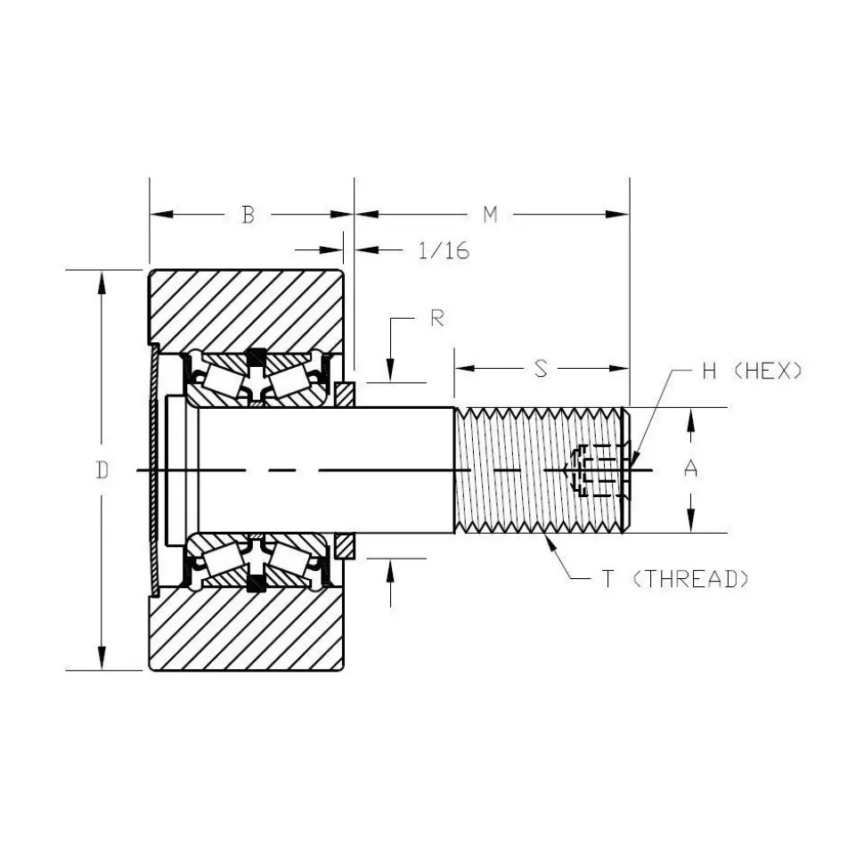 Plain Cam Follower: 2" Roller Width, 1.25" Stud Dia, 2-1/2" Stud Length