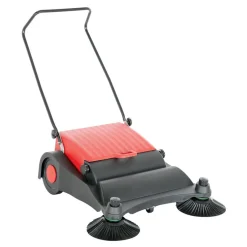 Plastic/Steel Large Belt Driven Manual Brush Sweeper: 9 Gallon Capacity Red/Black