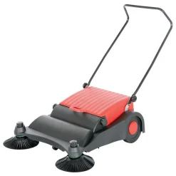 Plastic/Steel Large Belt Driven Manual Brush Sweeper: 9 Gallon Capacity Red/Black