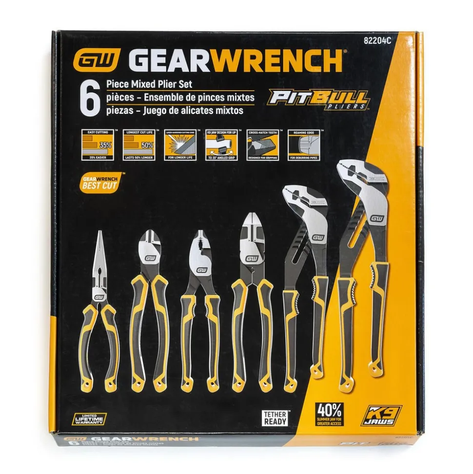 Plier Sets: Plier Type Included: Tongue & Groove Linesman Diagonal Cutting Long Nose Slip Joint; Set Type: Plier Set; Container Type: Carded; Overall Length: 13.8