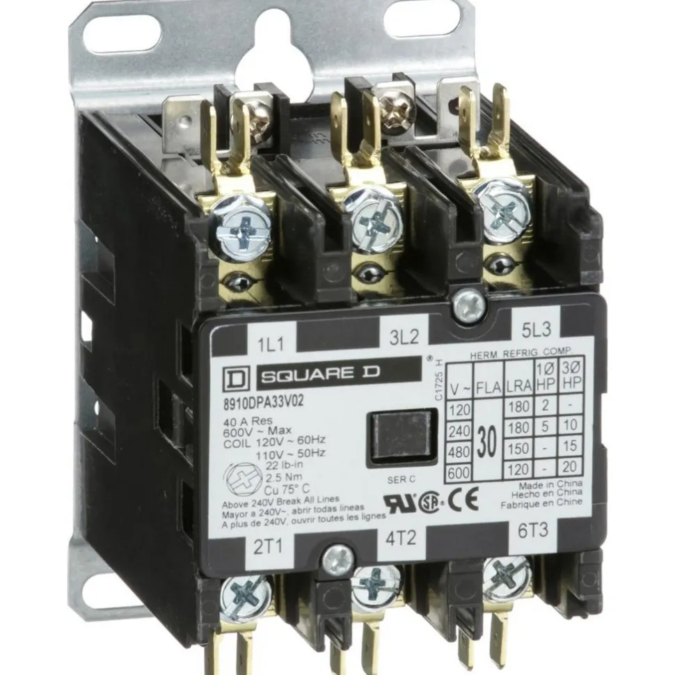 3 Pole, 30 Amp Inductive Load, 110 Coil VAC at 50 Hz and 120 Coil VAC at 60 Hz, Definite Purpose Contactor