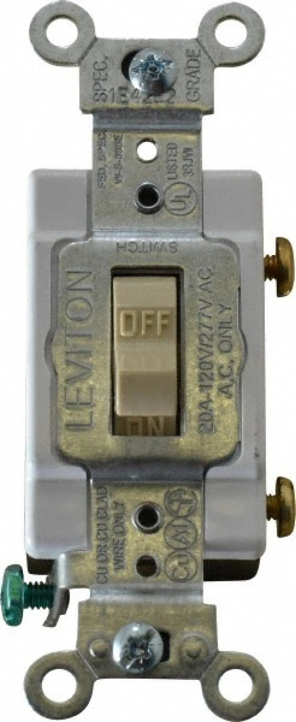 1 Pole, 120 to 277 VAC, 20 Amp, Commercial Grade Toggle Wall Switch
